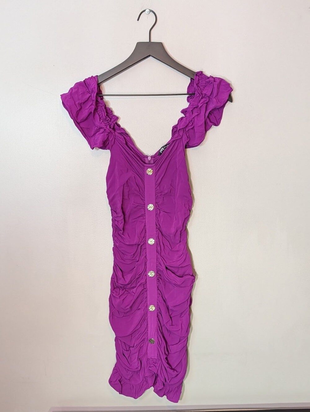Zara Purple Ruffled Ruched Button Mini Dress - Picture 3 of 7